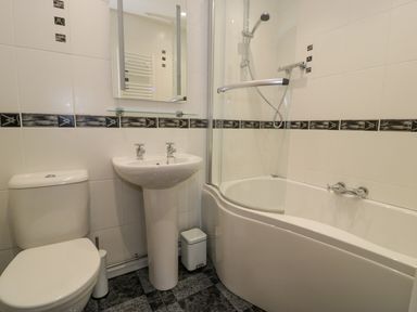 A bathroom with a toilet sink and curved bathtub with shower at Bwythyn Yr Wyddfa in Llanberis