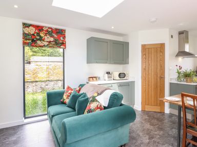 A kitchen with green cabinets a green sofa and a wooden door at Brow Wood Cabin in Ullswater