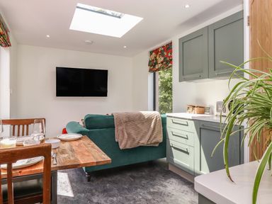 A living area with a green sofa facing a wall-mounted TV wooden dining table with chairs kitchen cabinets and a potted plant at Brow Wood Cabin in Ullswater