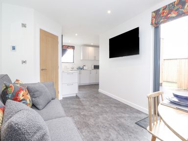 A living room with gray sofa and pillows next to a kitchen with white cabinets and a wall mounted TV at Bluebell Cabin in Ullswater