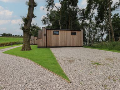 A wooden cabin with gravel driveway and green grass surrounded by trees at Bluebell Cabin in Ullswater