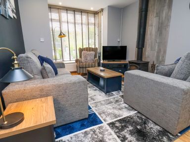 A living room with gray sofas a striped armchair coffee table tv and wood stove at The Dollhouse in Cayton Bay