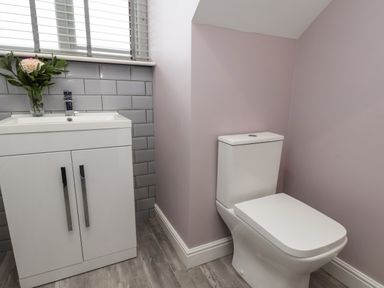 A bathroom with a white toilet and a white sink cabinet with a flower vase on top at The Dollhouse in Cayton Bay