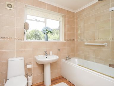 A bathroom with a toilet sink bathtub and a window with flowers on the sill at Ty Nain in Beddgelert