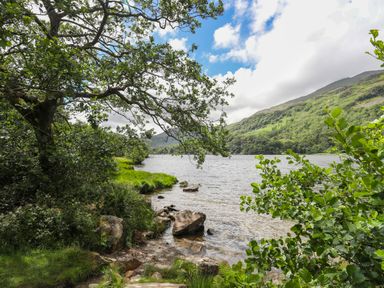 A lakeside scene with trees rocks and hills under a partly cloudy sky at Ty Nain in Beddgelert