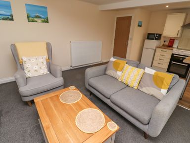 A living room with a grey armchair with a yellow throw and floral cushion a grey sofa with three cushions a wooden coffee table and a kitchen area at Henhill Lodge in Chathill near Seahouses