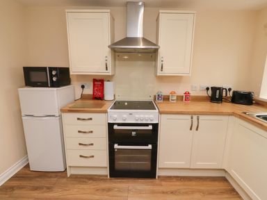 A kitchen with white cabinets a stove a refrigerator a microwave a kettle a toaster and canisters at Henhill Lodge in Chathill near Seahouses