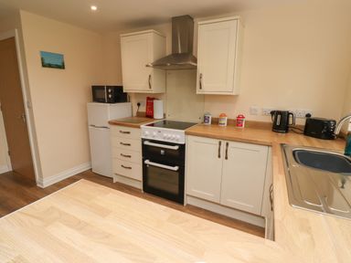 A kitchen with white cabinets a stove a microwave a fridge a kettle a toaster and a sink at Henhill Lodge in Chathill near Seahouses