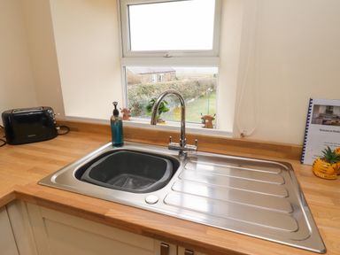 A kitchen sink with a soap dispenser and a toaster on the wooden countertop at Henhill Lodge in Chathill near Seahouses