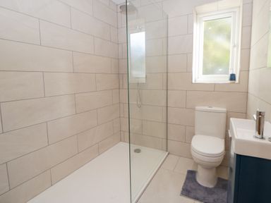 A bathroom with a shower, toilet, and sink at Beudy near Llanilar
