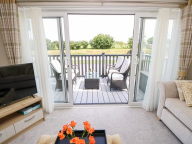 A living area with a sofa orange flowers on a table a television and a balcony with chairs at 7 Wild Haven in Landford