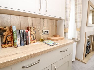 A wooden countertop with books held by carved dog bookends a reed diffuser coasters and a window with plaid curtains at 7 Wild Haven in Landford