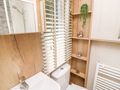 A bathroom with a toilet sink window blinds built in shelves with decorative ducks and a small plant at 7 Wild Haven Landford