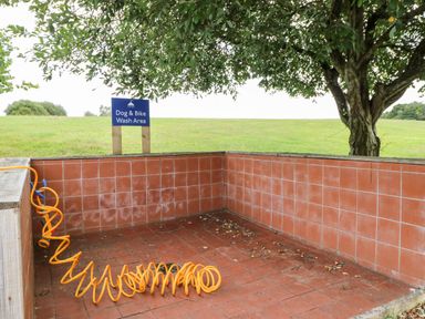 An outdoor dog and bike wash area with tiled walls and floor and an orange coiled hose on the floor under a tree at 7 Wild Haven in Landford