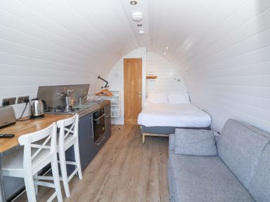 A narrow room with a bed a gray sofa a kitchenette with stove oven and sink and two white chairs at Owls Nook in Kilkhampton