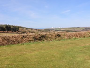 A grassy field with hedges trees and hills under a blue sky at Owls Nook in Kilkhampton