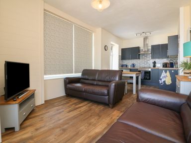 A living room with two brown leather sofas a television and an open kitchen with blue cabinets at At the Bay Apartment in Hele Bay Ilfracombe