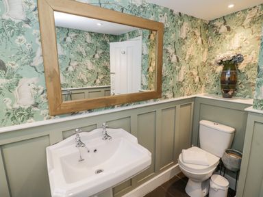 A bathroom with a white sink and toilet green paneling green wallpaper with birds and a large wooden framed mirror at Riverside Manor in Evesham