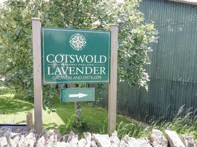 A sign for cotswold lavender growers and distillers next to a green corrugated building and trees at Riverside Manor in Evesham