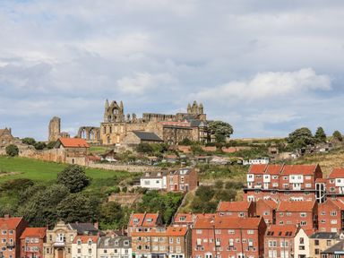 A town with red-roofed buildings and a historic abbey on a hill at Whitby View in Whitby