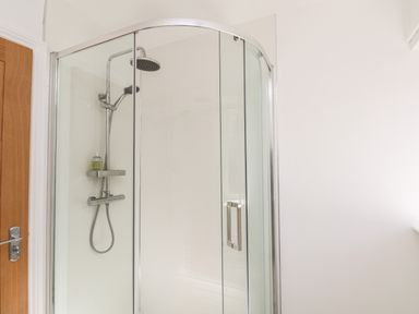 A glass shower enclosure with a silver showerhead and a wooden door at Whitby View in Whitby