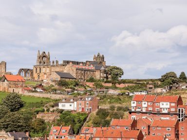 A hill with historic stone buildings and residential houses with red roofs at Whitby View in Whitby