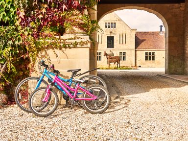 Two bicycles parked beside a stone wall covered with ivy near an arched passage to a courtyard with a stone building and a horse sculpture at The Filly in Humshaugh