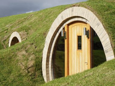 A wooden door with a small window built into a grassy hill with two silver wall lights