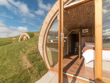 A bedroom with wooden ceiling and floor inside a grass-covered earth house at Hares View in Rhayader