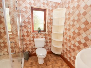 A bathroom with a toilet shower enclosure corner shelves and a small window at Fountain Folly in Moylgrove near St Dogmaels