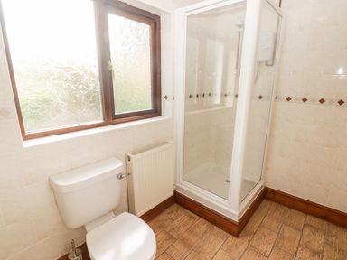 A bathroom with a toilet shower enclosure and frosted window at Fountain Folly in Moylgrove near St Dogmaels