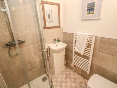A bathroom with a shower enclosure sink with cabinet towel radiator and toilet at 8 Rosewall Cottages in St Ives