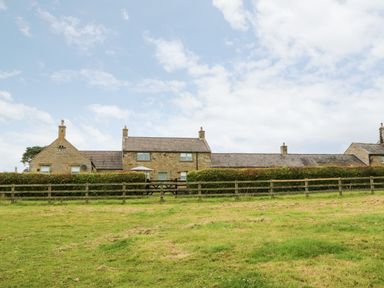 A stone house with chimneys behind a wooden fence and hedge with a grassy field in front at The Granary in Longwitton near Morpeth