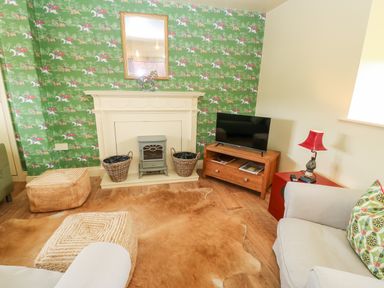 A living room with patterned wallpaper a television on a wooden stand and a light grey armchair at The Granary in Longwitton near Morpeth