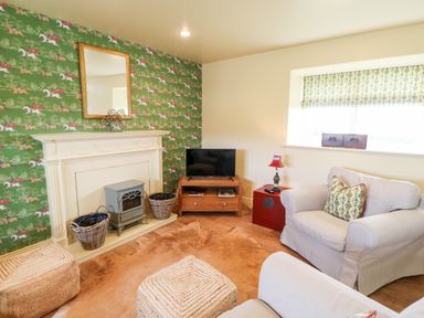 A living room with an armchair television and fireplace with green wallpaper showing horses at The Granary in Longwitton near Morpeth