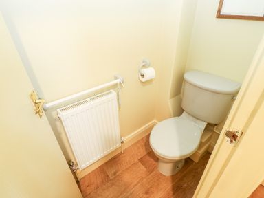A small bathroom with a toilet a radiator and a toilet paper holder at The Granary in Longwitton near Morpeth