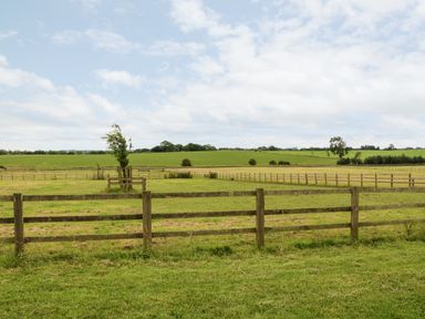 A grassy field with wooden fences and a few small trees at The Granary in Longwitton near Morpeth