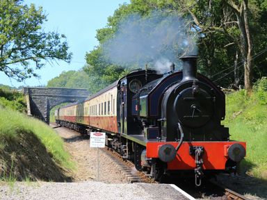 A steam locomotive train on railway tracks near a stone bridge in a rural area