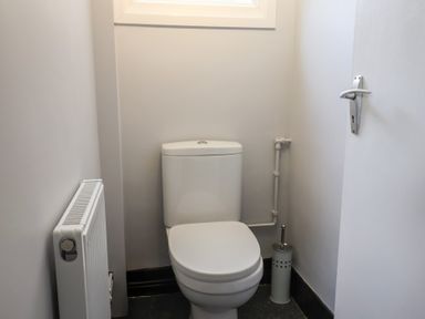 A small bathroom with a white toilet a toilet brush holder a radiator and a window at Woodstock in Chaffcombe near Chard