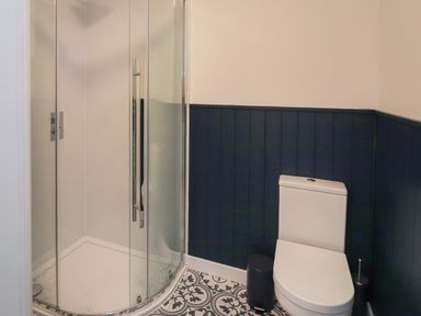 A bathroom with a corner shower enclosure a toilet a small trash bin and a toilet brush at Eala Bhan Cottage in Clachan near Balivanich