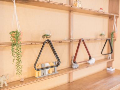 A wooden shelf with hanging plants hanging triangle rack and decorative items on it at Abbey Farm House in St Bees