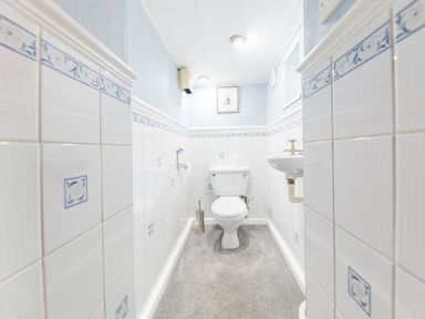 A small bathroom with a toilet a wall-mounted sink tiled walls and carpeted floor at Abbey Farm House in St Bees
