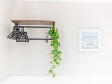 A wall-mounted shelf with hangers and a trailing plant next to a framed picture on a white wall at Abbey Farm House in St Bees