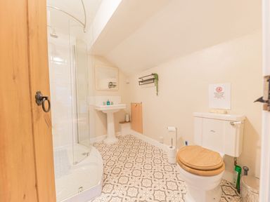 A bathroom with a shower enclosure a pedestal sink and a toilet with a wooden seat at Abbey Farm House in St Bees