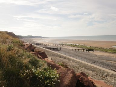A sandy beach with wooden groynes extending into the sea and grassy cliffs at Abbey Farm House in St Bees