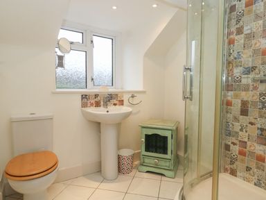 A bathroom with a toilet wooden seat sink green cabinet and a glass door shower with tiled wall at Poppy Cottage in Beaminster