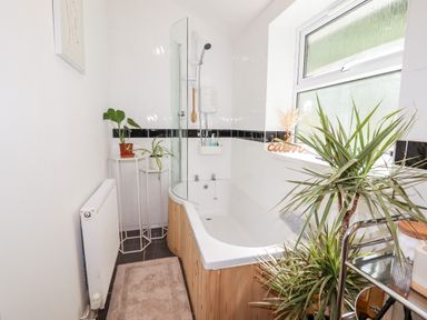 A bathroom with a bathtub shower and several potted plants near a frosted window at Trem Y Don in Dolgarrog