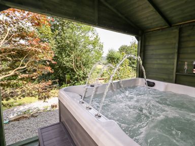An outdoor hot tub with water jets under a wooden shelter surrounded by trees at Trem Y Don in Dolgarrog
