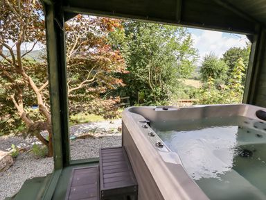 A covered outdoor hot tub with water and steps surrounded by trees and gravel at Trem Y Don in Dolgarrog
