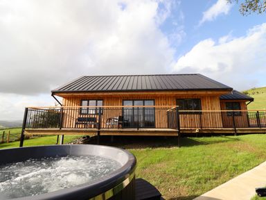 A wooden lodge with a metal roof and a deck overlooking a grassy area with a hot tub at Mynydd Y Glyn Lodge in Llanfyllin near Llanrhaeadr-Ym-Mochnant